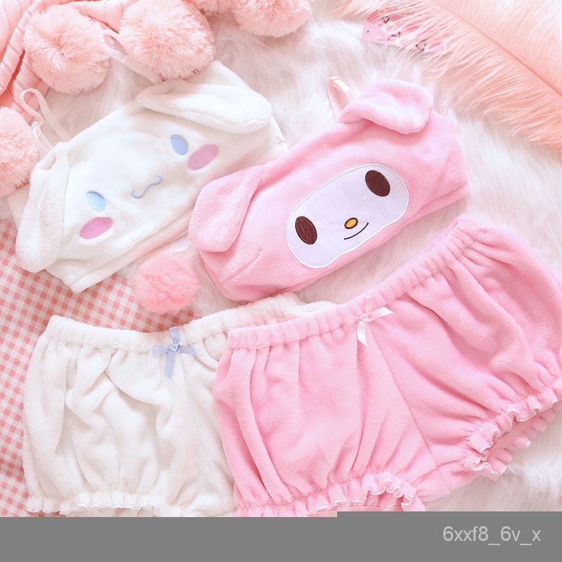 2020 Winter Womens Pajamas Anime Cosplay Costume Cute Girls Kawaii Bra and Panty Set Pink White Velv