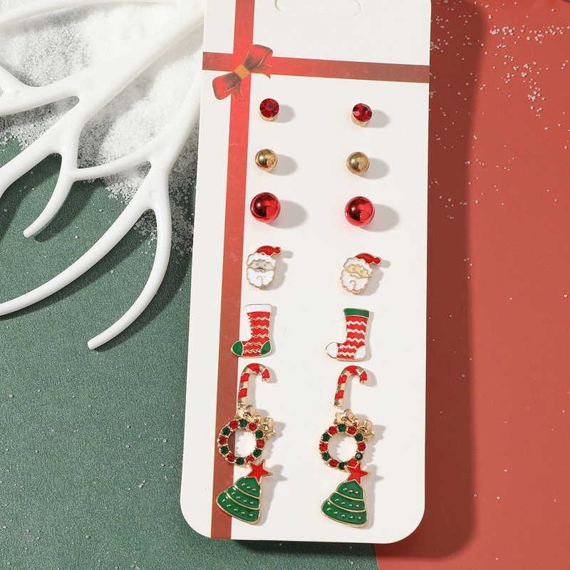 8pcs / Set Anting Stud Desain Santa Claus Snowman Pohon Bell Aksen Berlian Imitasi Gaya Korea Untuk Wanita