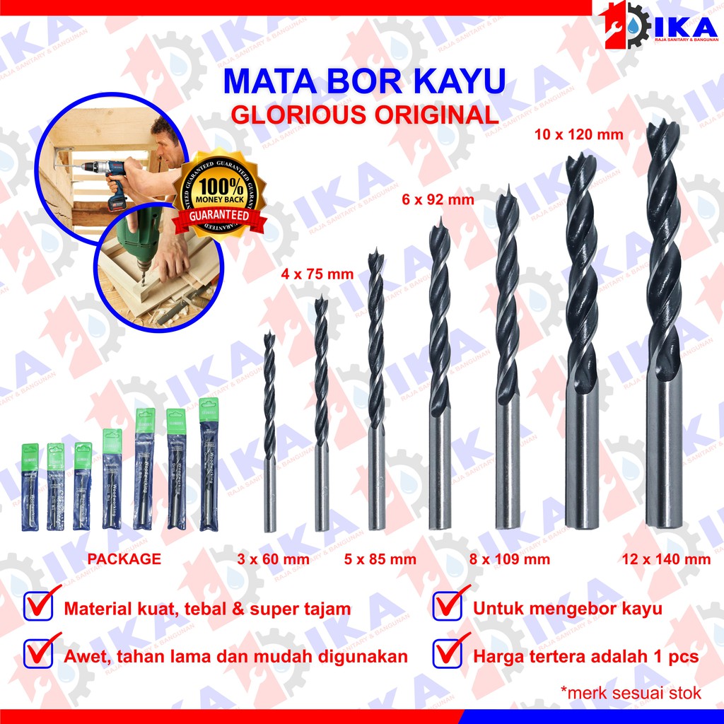 Mata Bor Kayu Glorious 3, 4, 5, 6, 8, 10, 12mm