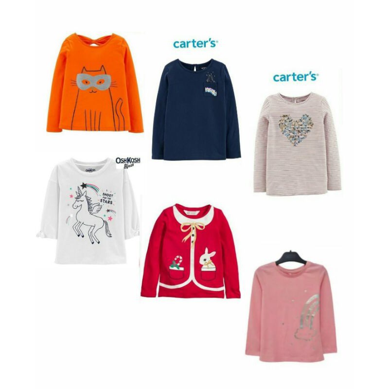 kaos anak cewek sequin gliter carter's hnm oshkosh, atasan anak perempuan lengan panjang