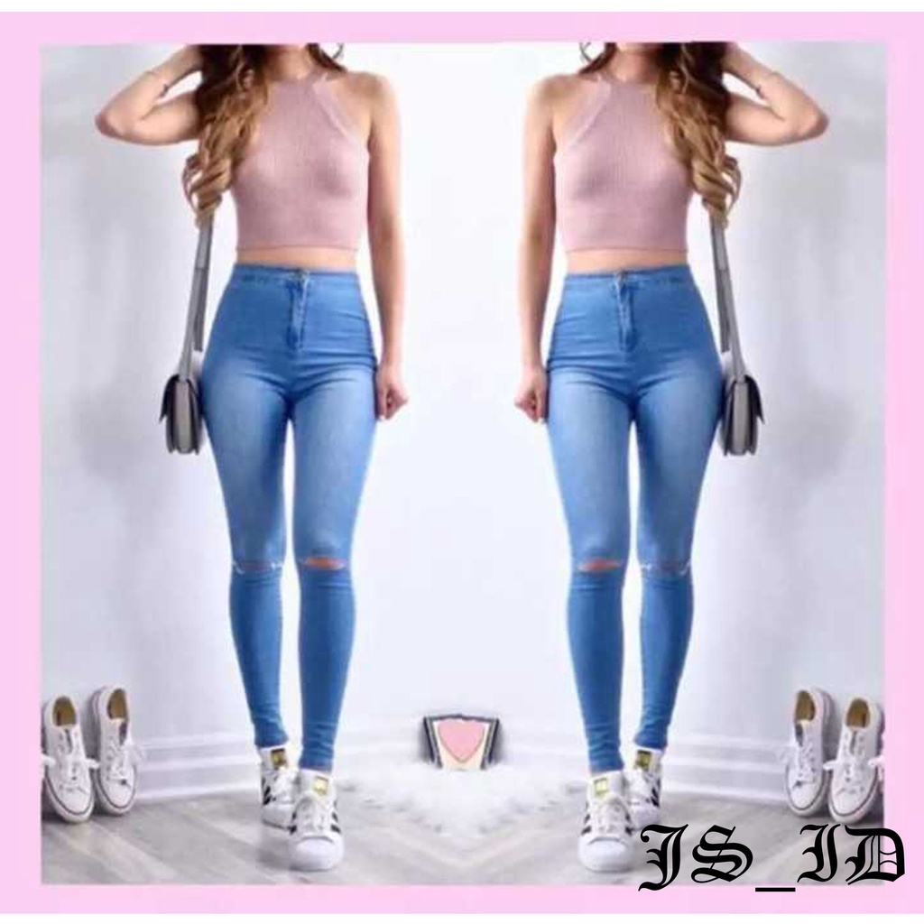 Celana Highwaist HW jeans Atas pinggang sobek lutut ripped bahan tebal melar