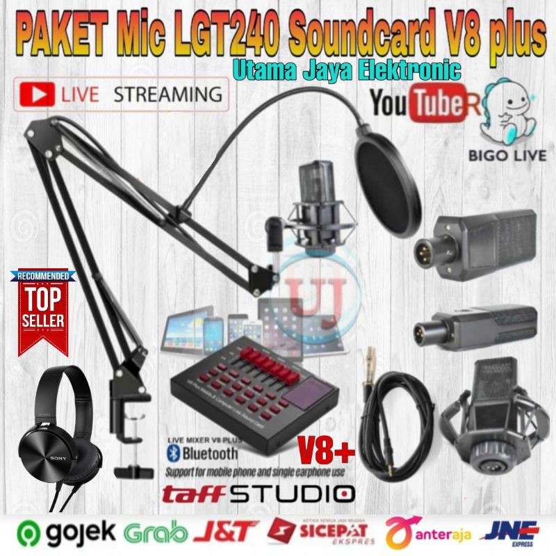 Paket Microphone LGT240 Soundcard V8 plus Stand Arm Pop Filter Home Recording Terbaik