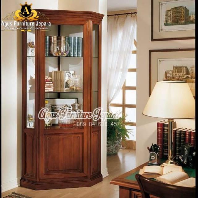 LEMARI HIAS POJOK JATI (lemari pajangan lemari buku lemari kaca pagoda)