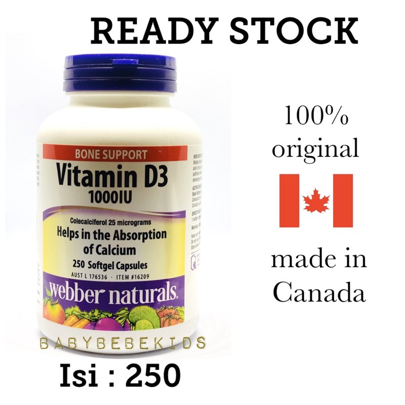 Webber Naturals Vitamin D3 1000iu isi 250 softgel capsules 1000 iu bone support made in Canada