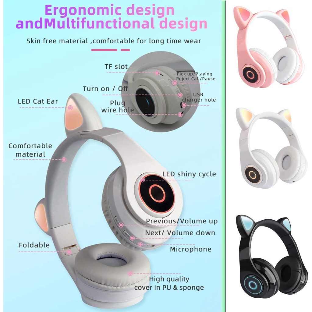 B39 Headset Bluetooth Telinga Kucing Headphone Lucu LED Wireless Headset Gaming Telinga Kucing Headset Anak Motif Kuping Kucing Bando Model Telinga