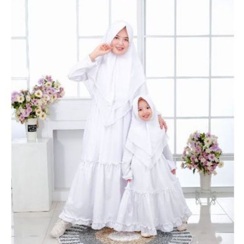 Baju Dress Gamis Wanita Putih Polos Couple Cople Ibu Dan Anak Perempuan Set Hijab Syari Sarimbit