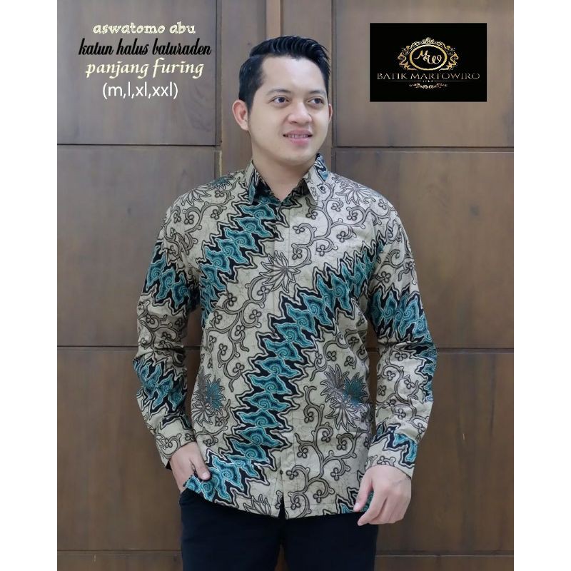 Kemeja Batik Lengan Panjang Warna Abu ASWATOMO Batik Pria Lengan Panjang Batik Lapis Furing