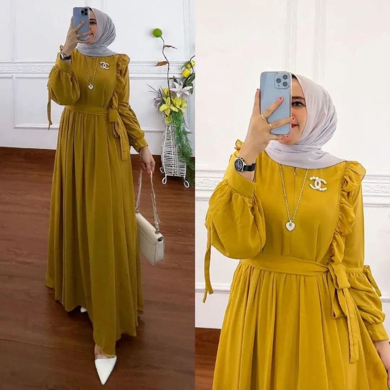 (FREE BROSS) Alora Dress Maxy Gamis Premium Lengan Balon Gamis Busui Ceruty Babydoll Gamis Jumbo Polos Baju Wanita Gamis Remaja