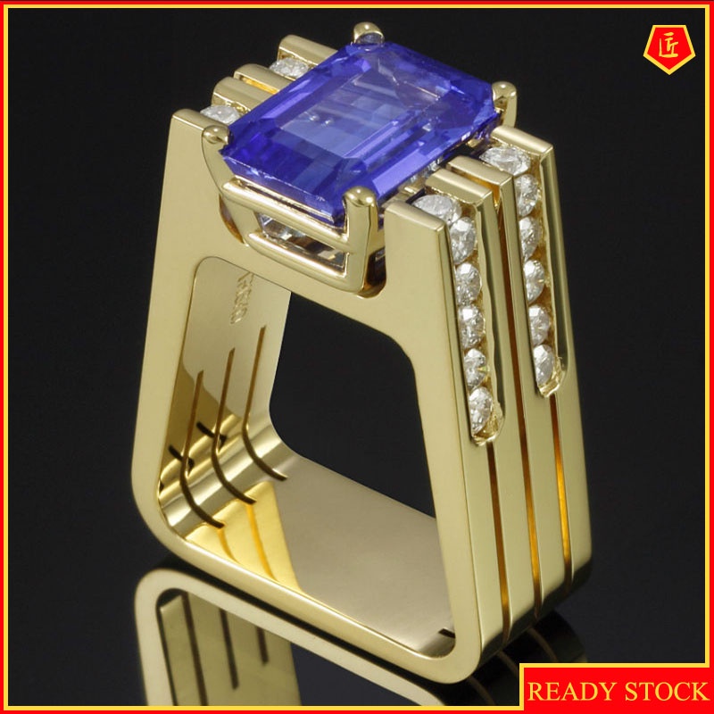 [Ready Stock]Gold Micro Inlay Blue Square Diamond Ring