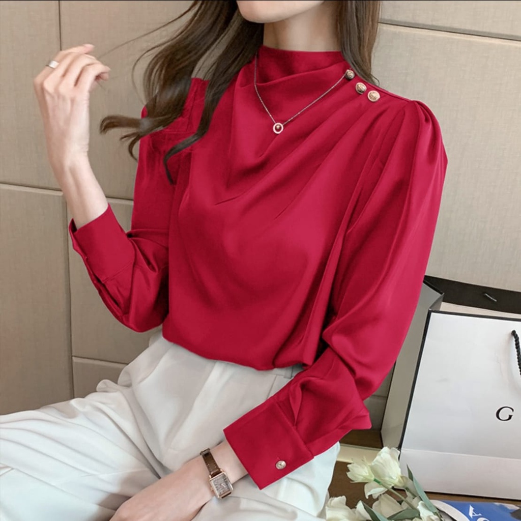 SALE MURAH BLOUSE 2163 3M THREE M ATHENA BUTTON SHOULDER TOP KOREA KOREAN FASHION HARGA GROSIR IMPOR