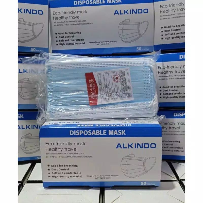 Masker 3ply masker Alkindo Biru dan Hitam Earloop isi 50 pcs