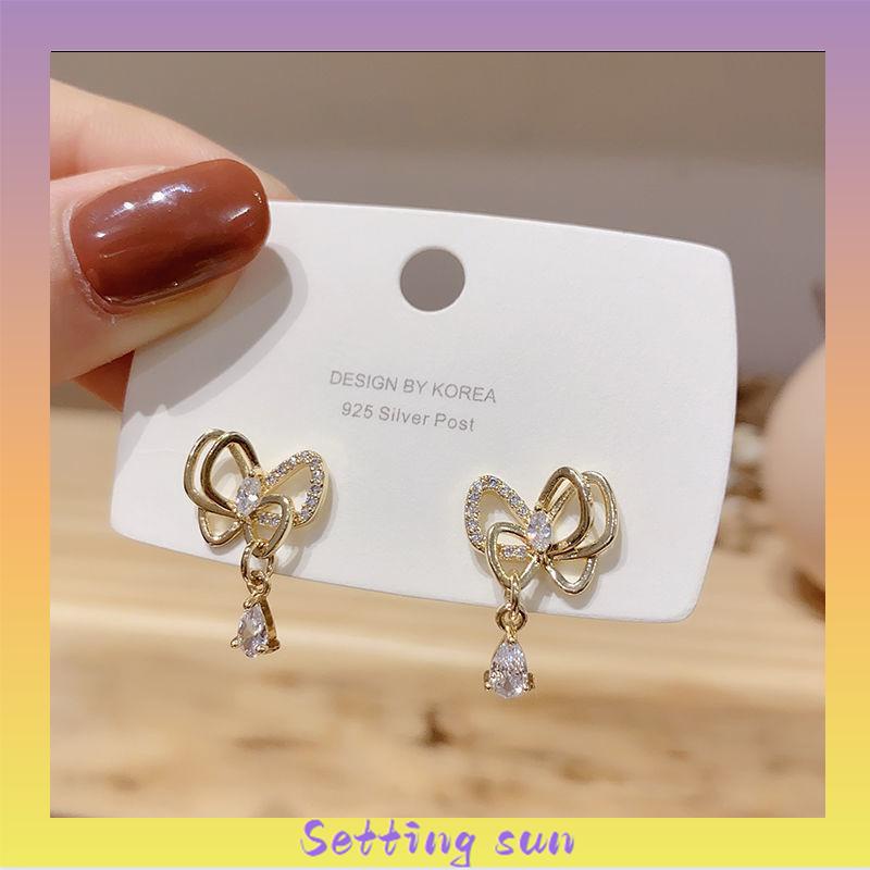 Gaya Korea Kupu-kupu Mutiara Kristal Anting-Anting Fashion Sederhana Anting Busur Elegan Perhiasan Aksesoris TN