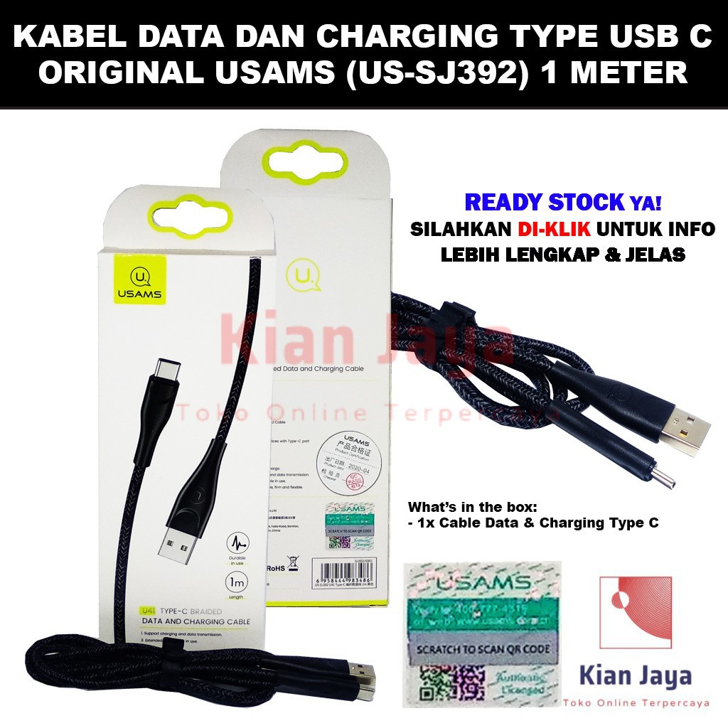 Usams Kabel Data Type C Port Cable Support Fast Charging dan Data Transmission Original