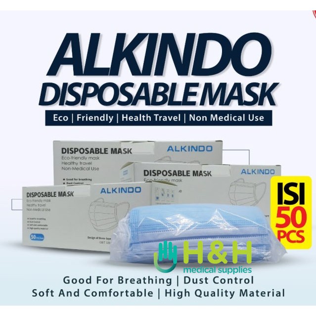 Masker Earloop 3ply Alkindo / Masker Bedah Karet / Masker Medis / Masker Earloop / Masker Alkindo