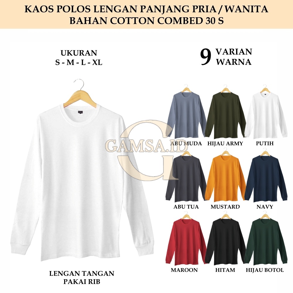 BAJU LENGAN PANJANG PRIA WANITA - KAOS POLOS PANJANG T-SHIRT COTTON COMBED 30 S PAKAI RIB