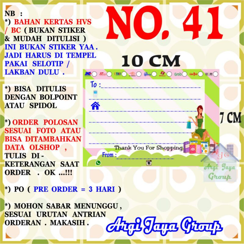 

Label Pengiriman Alamat Olshop Murah Nomer 41 - 10x7cm - Kertas BC (Manila)