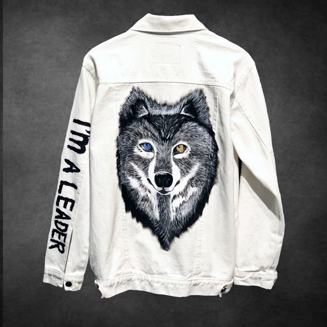 OnoUpo Jaket Lukis Wolf Gang White Putih Serigala Denim Jeans Custom Desain