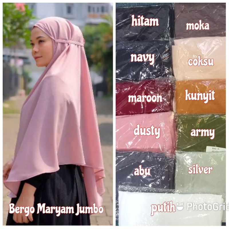 Jilbab Instan Hannah Bergo Maryam Jumbo Non Pet Tali Bahan Diamond Ukuran 90x115cm Warna Hitam Navy 