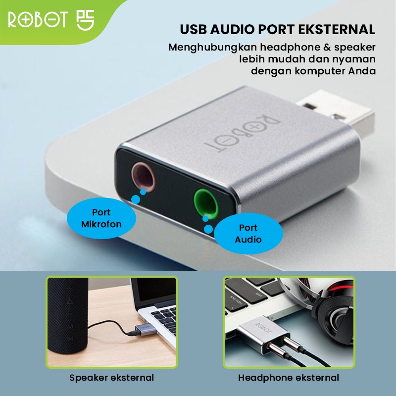 ROBOT USB Sound Card US10 USB 2.0 Silver External Sound Card / Audio Port Noise Cancelling / Adapter Soundcard Original - Garansi resmi 1 Tahun