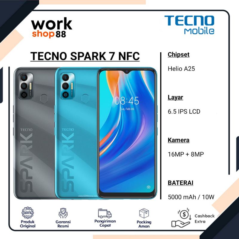 HP Terbaru TECNO Spark 7 NFC Ram 2GB + Rom 32GB - New Original Garansi Resmi - Octa core 1.8GHZ Bate