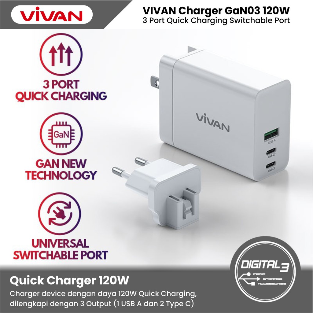 Vivan Gan03 120W GaN Charger Dual Type C + USB-A Output EU/US Plug