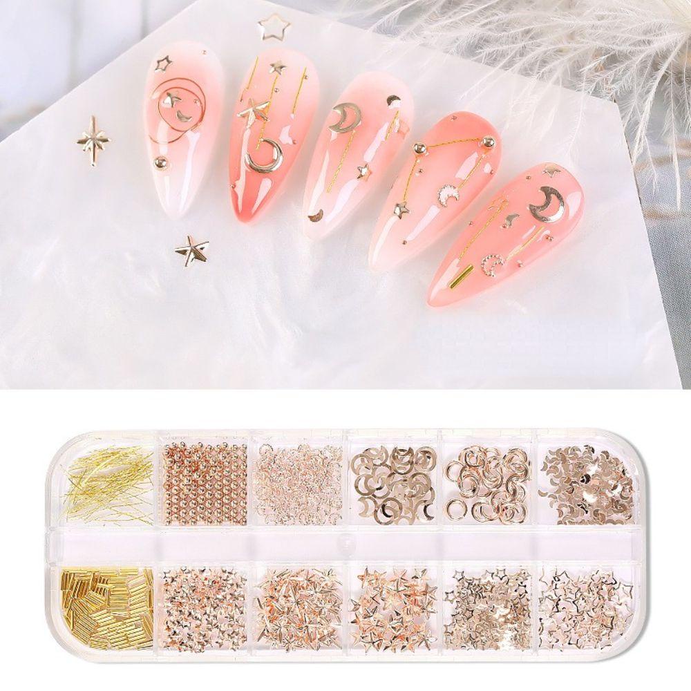 Needway Nail Art Charms Bentuk Campur12 Grid Hollow Nail Salon Rivet DIY Bahan Kuku Wanita Perhiasan Kuku