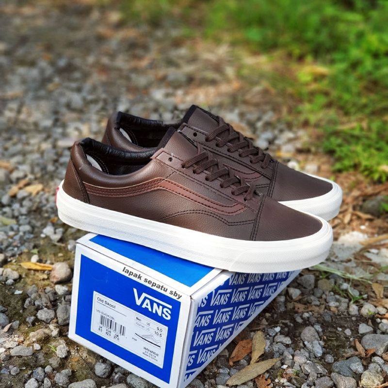 Sepatu Casual Pria Vans Old Skool Leather Kulit PREMIUM BNIB Coklat Tua