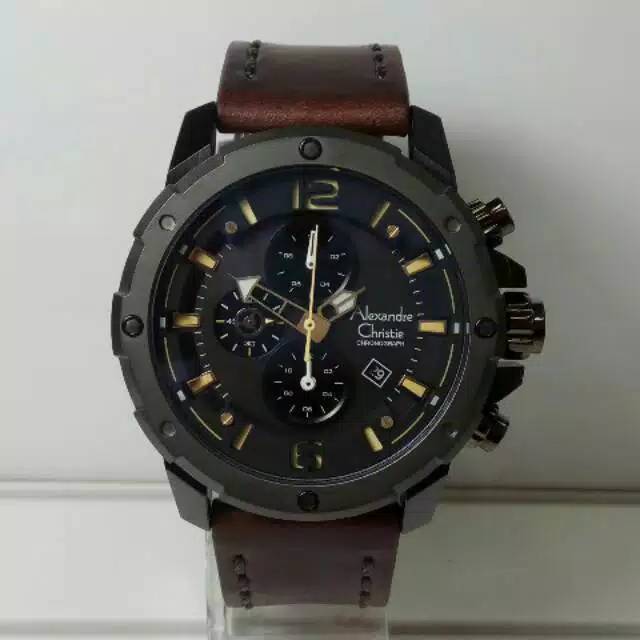 Jam Tangan Alexandre Christie Ac6410 Leather Dark / Brown Original