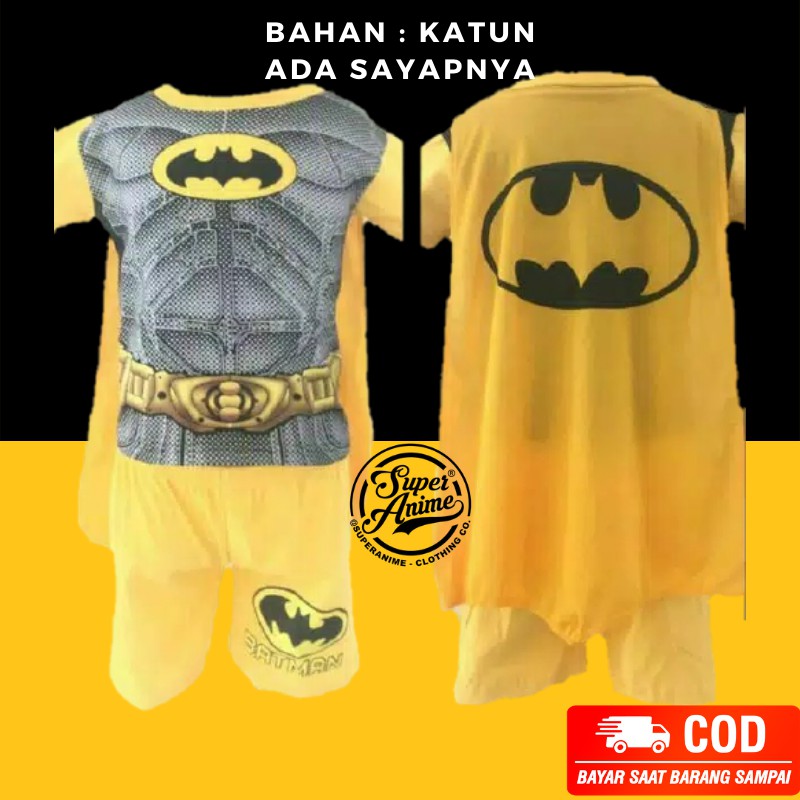 Baju Anak Laki Laki  Setelan Batman Abu Kuning Celana Pendek Kaos Cowok Superhero