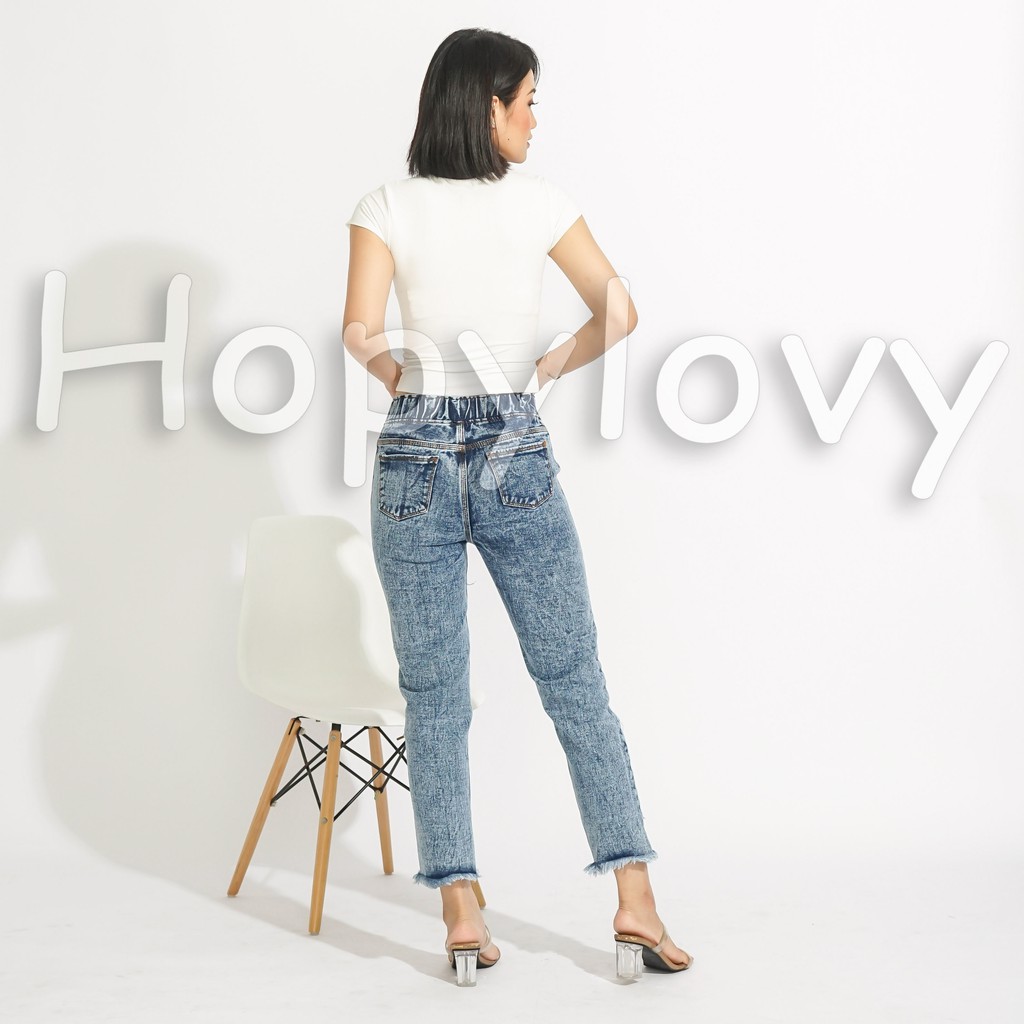 HOPYLOVY Celana Boyfriend Jeans Wanita Sobek Ripped High Waist HW Unfinished Rania