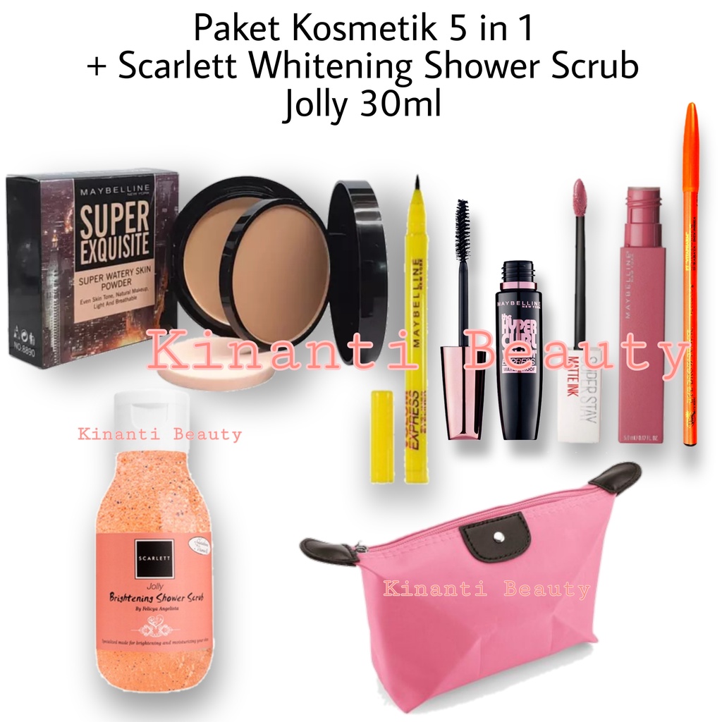 Paket Kosmetik Maybelline 5 in 1 + Scarlett Whitening Shower Scrub Original - Bedak - Maskara - Eyeliner - Lipcream - Pensil Alis - Scarlett Whitening Shower Scrub Charming - Jolly - Freshy - Gratis Tas Kosmetik Pouch-2