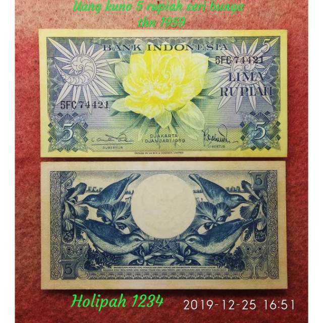 Uang kuno 5 rupiah seri bunga thn 1959