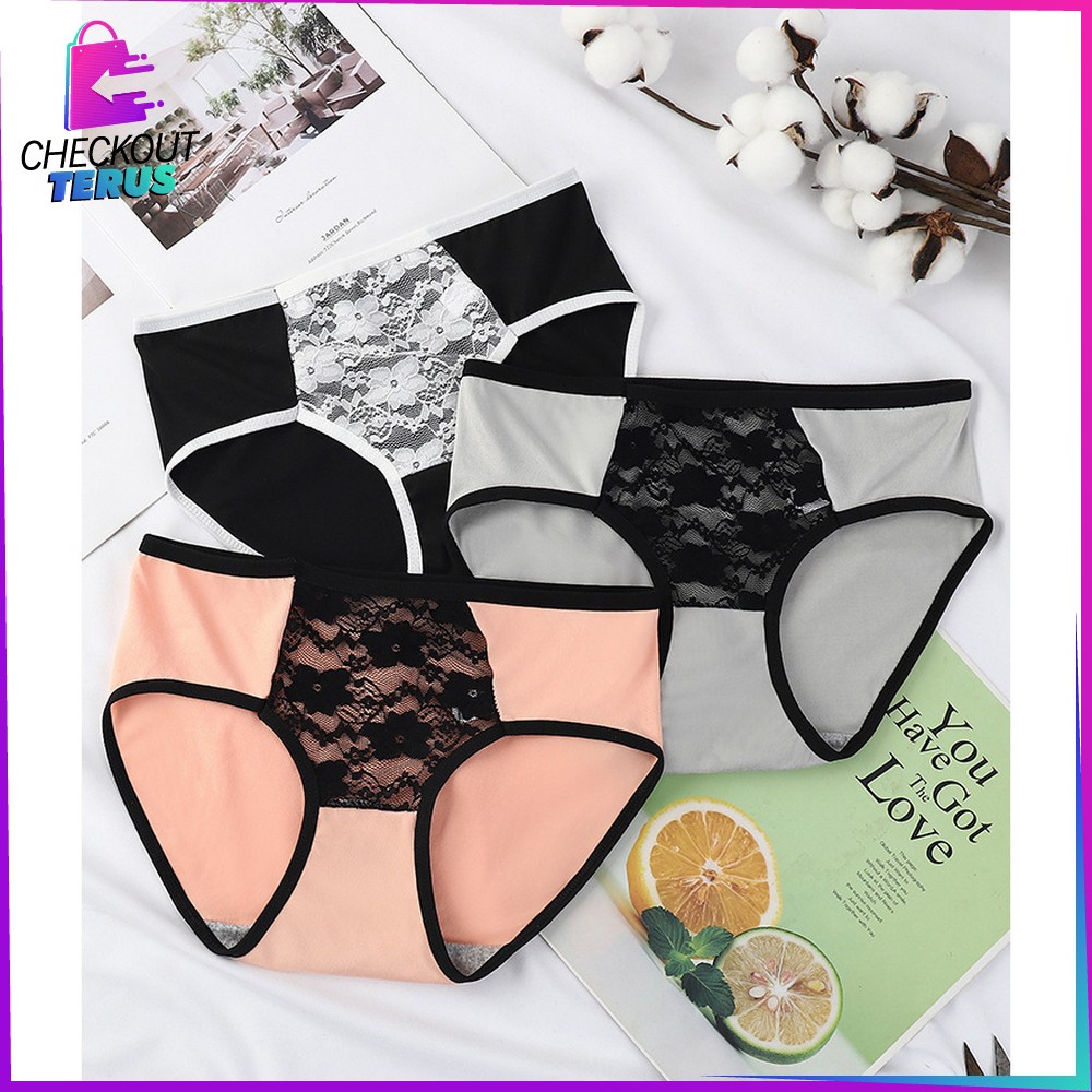 CT P130 Celana Dalam Wanita List Hitam Renda Bunga Motif Polos Kolor Dewasa Undies Wanita Import