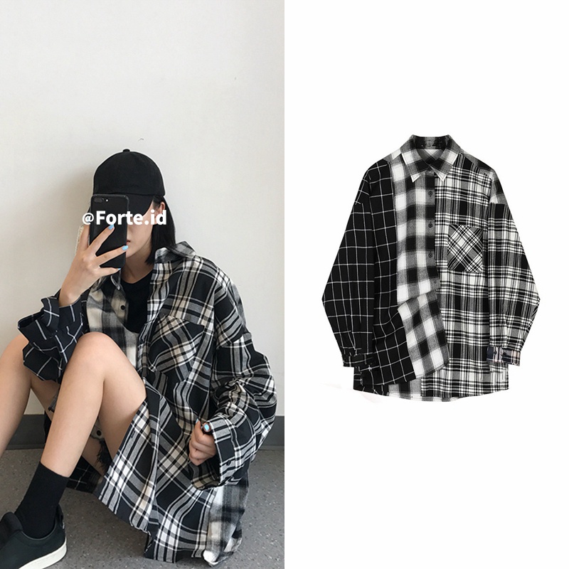 kemeja wanita kotak-kotak hitam putih atasan korean style oversize shirt lengan panjang