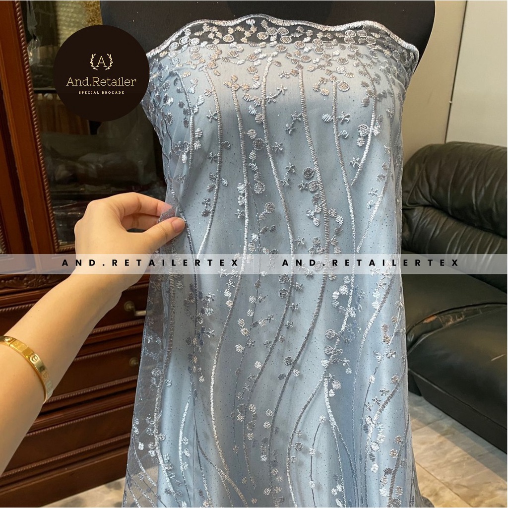 Kain Bahan Kebaya Brokat Tile Bordir Gloria Luxury New Edition Warna Baby Blue Metalic