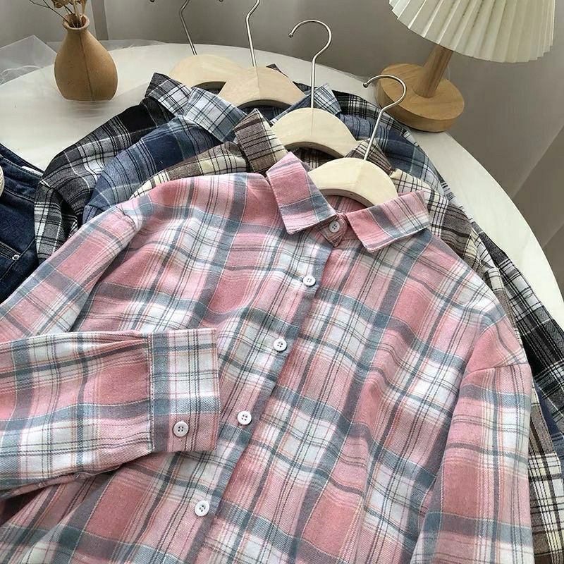 hem flanel atasan wanita lengan panjang kemeja wanita kotak kotak flannel best seller