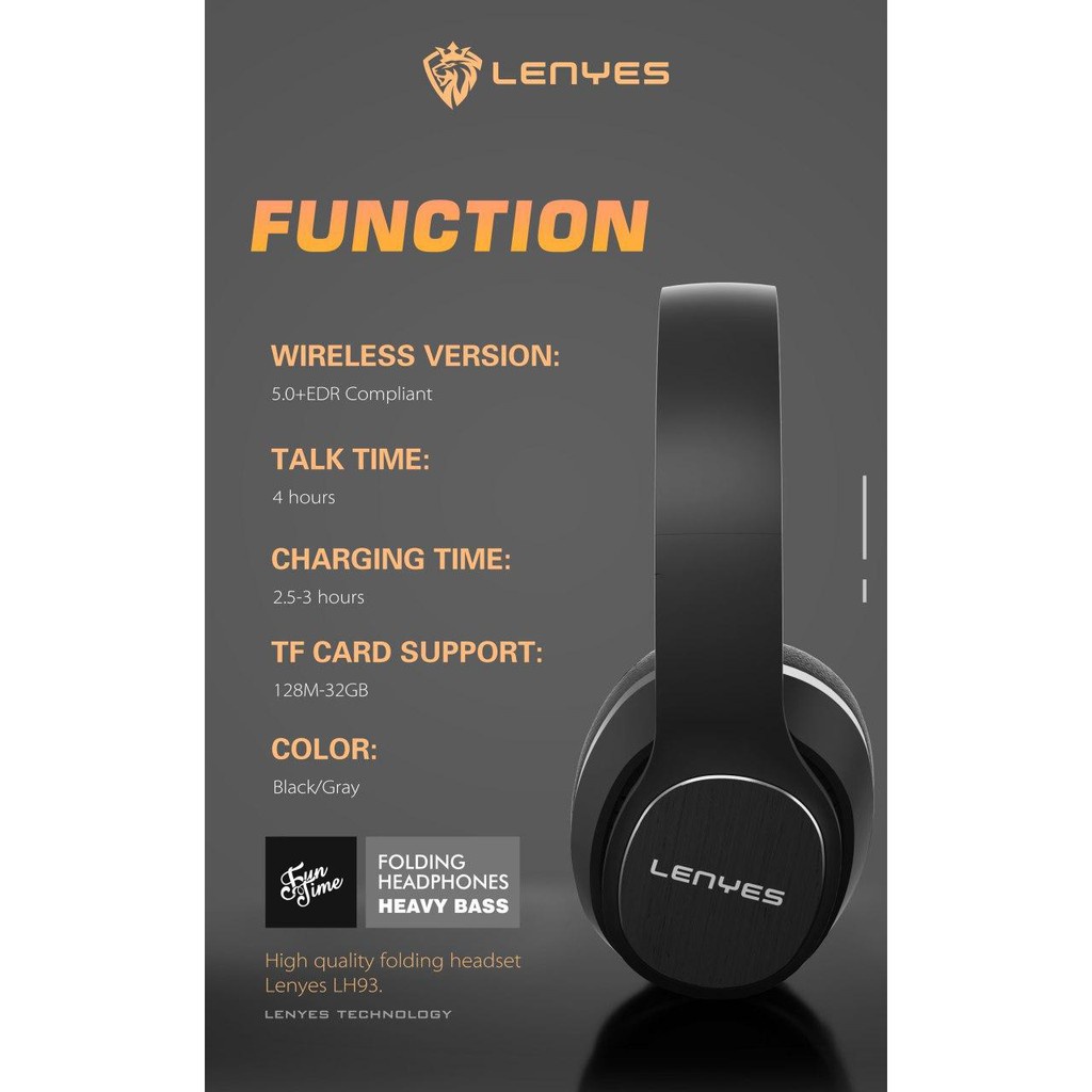 LENYES LH93 Pro Headphone Bluetooth 5.0 HIFI BASS wireless stereo headset bando microphone original