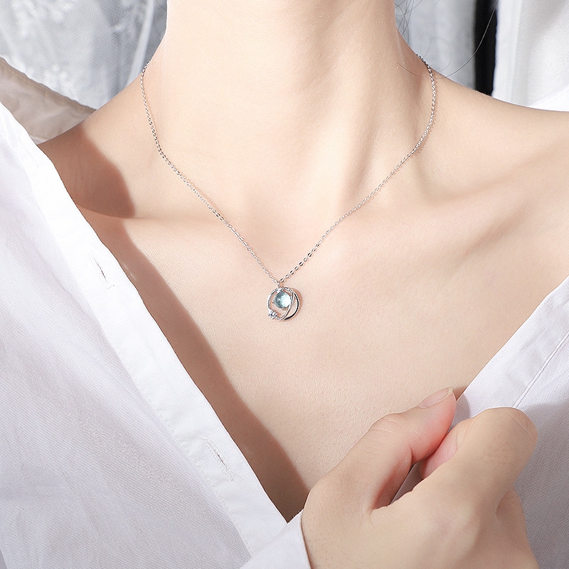 Kalung Chain Necklace Planet Blue Crystal Sapphire Clavicle Pendant Necklace Fashion Jewelry