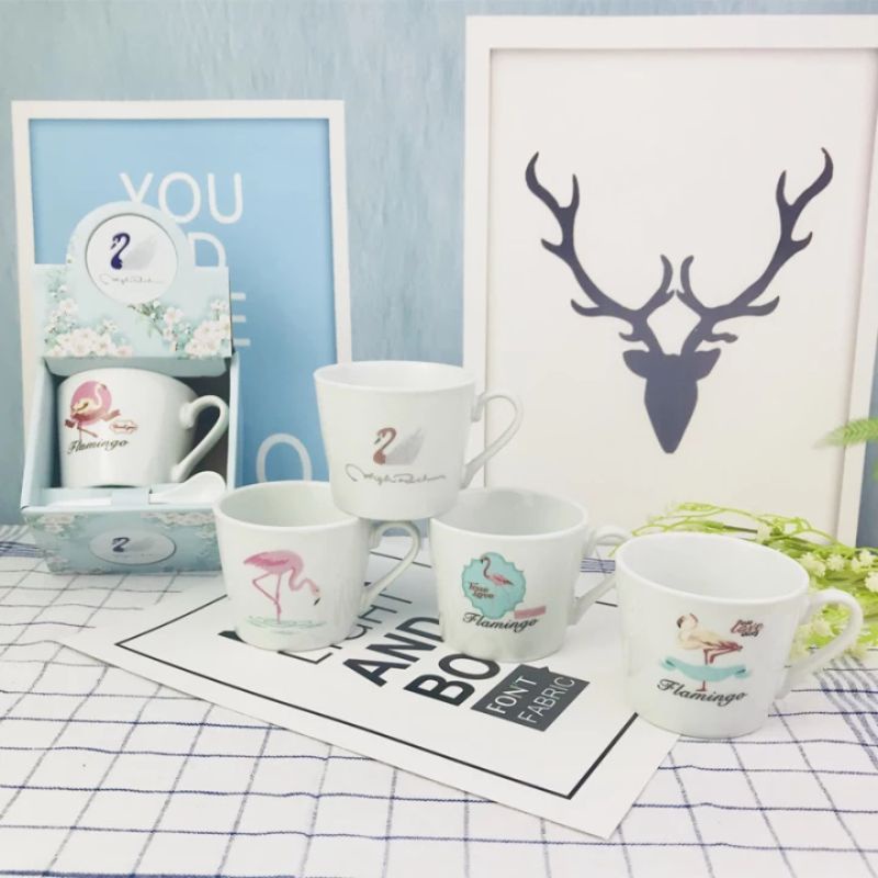 Mug Lucu Cangkir Keramik Porcelain Flamingo Gift Set Wedding Gift Birthday Gift Friendship day Besti