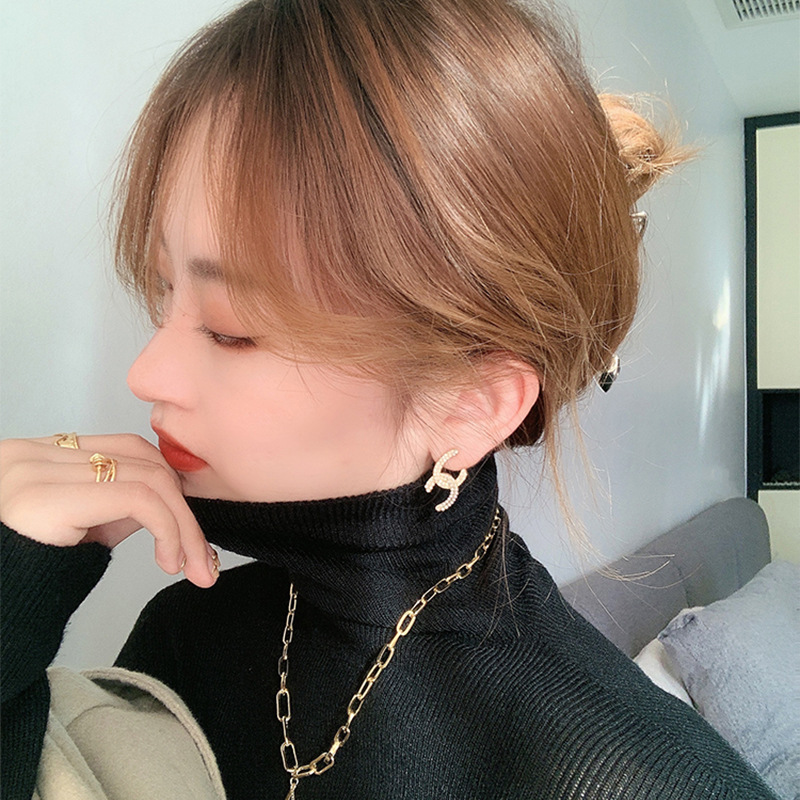 Flash Berlian Anting Mutiara Berbentuk C Untuk Wanita Aksesoris Telinga fashion Korea