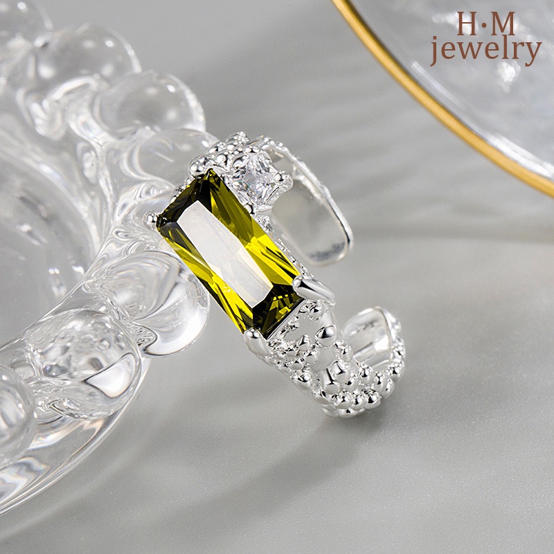 Cincin Model Terbuka Bentuk Persegi Panjang Geometris Aksen Zircon Gaya Korea Untuk Wanita
