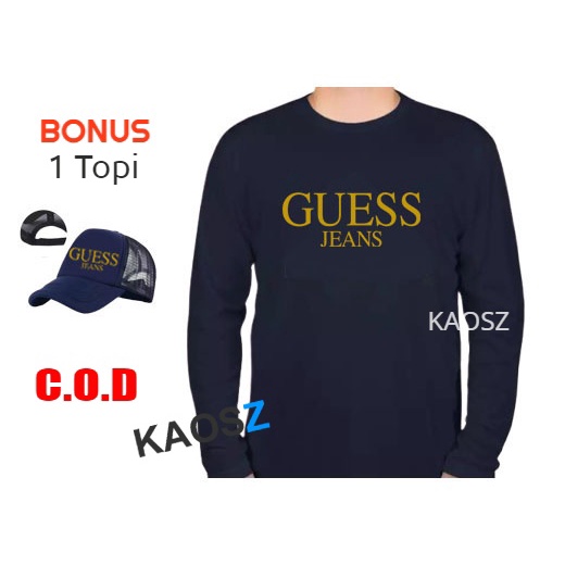 BONUS Topi - Kaos Distro Guess Jeans Gold Premium Fashion Pria Wanita Lengan Panjang
