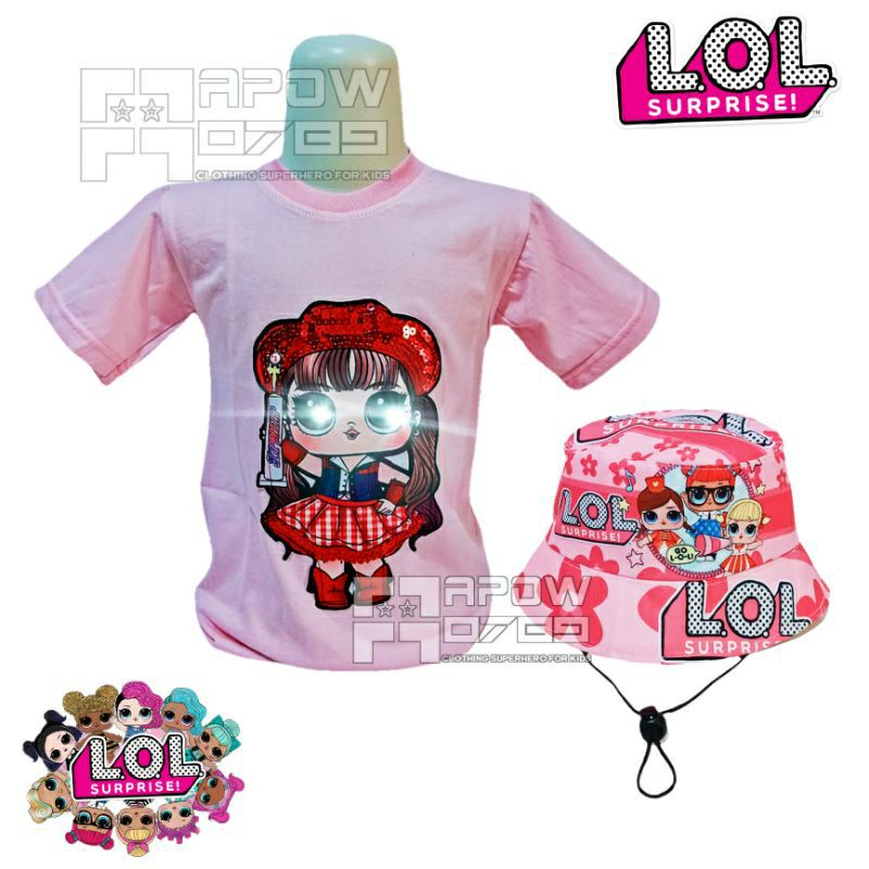 New arrival Paketan 3in1 Kaos LoL anak LED waisbag dan bucket hat t-shirt oblong anak perempuan