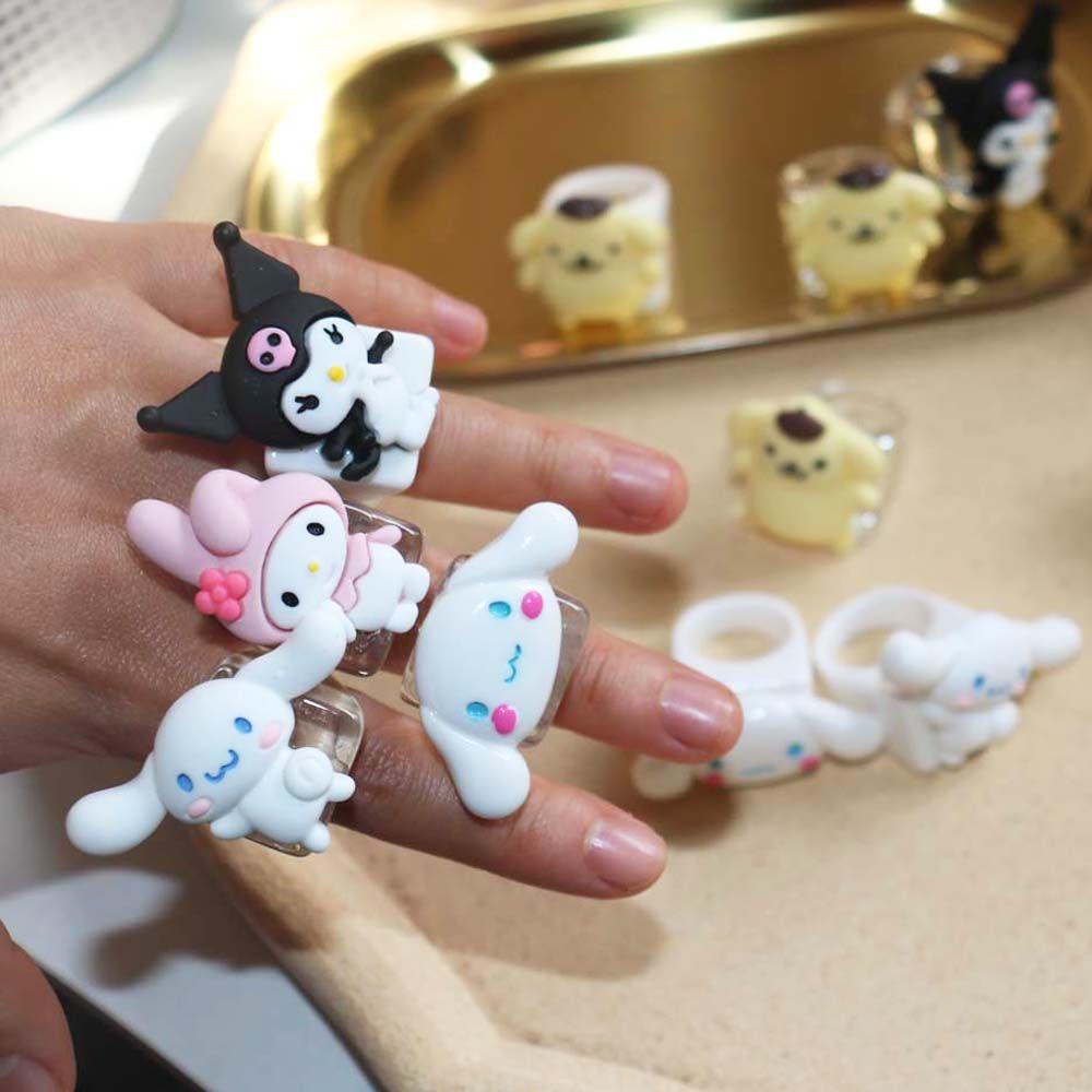 Mxbeauty Cincin Jari Desain Kartun My Melody Pudding Dog Kuromi Kelinci Bahan Resin Transparan Gaya Korea Untuk Wanita