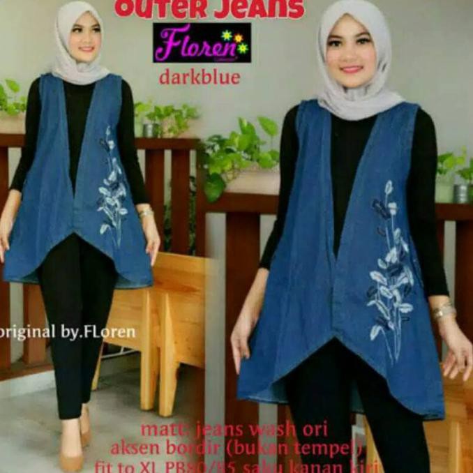 outer jeans dark blue / vest jeans bordir / rompi wanita