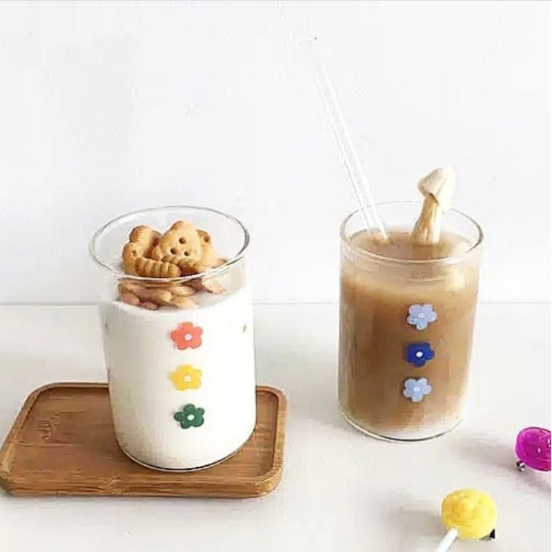 Gelas minum aesthetic kaca transparan ins korea lucu motif bunga set dengan sedotan kaca