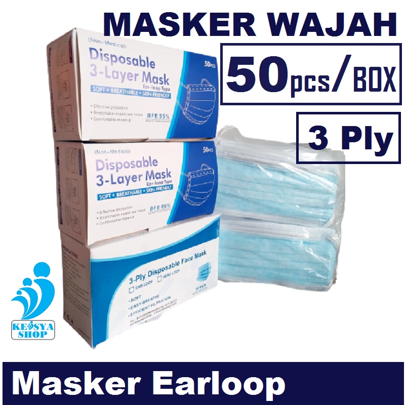 Masker Wajah Earloop 3ply isi 50pcs / Box - Non Medis