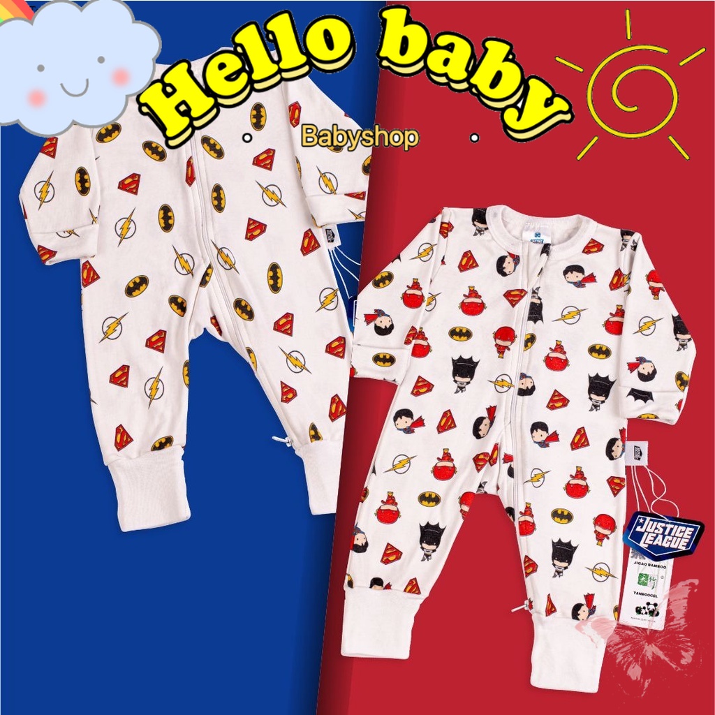 Baju Bayi Kodok Panjang / Jumpsuit Zipper Bamboo Print ( Justice League) Best Quality SNI Size NB &amp; 0-3 Bodysuit