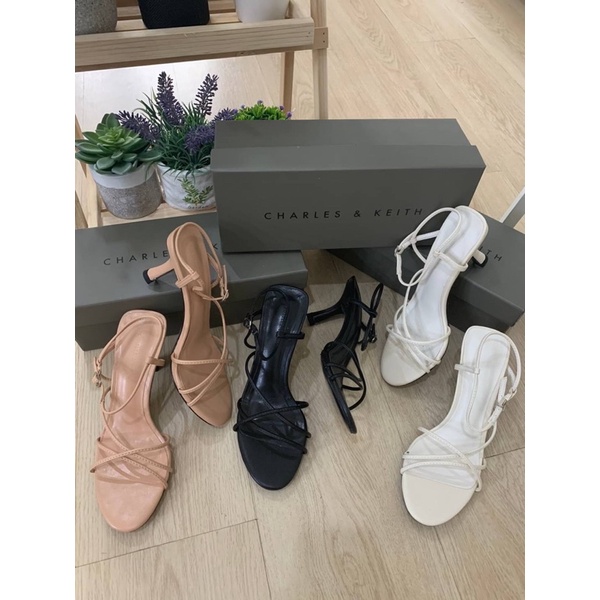 Sepatu Kulit Hak Tinggi Wanita CK Leather Strappy Sculptural High Heels Premium Import Hitam Black P