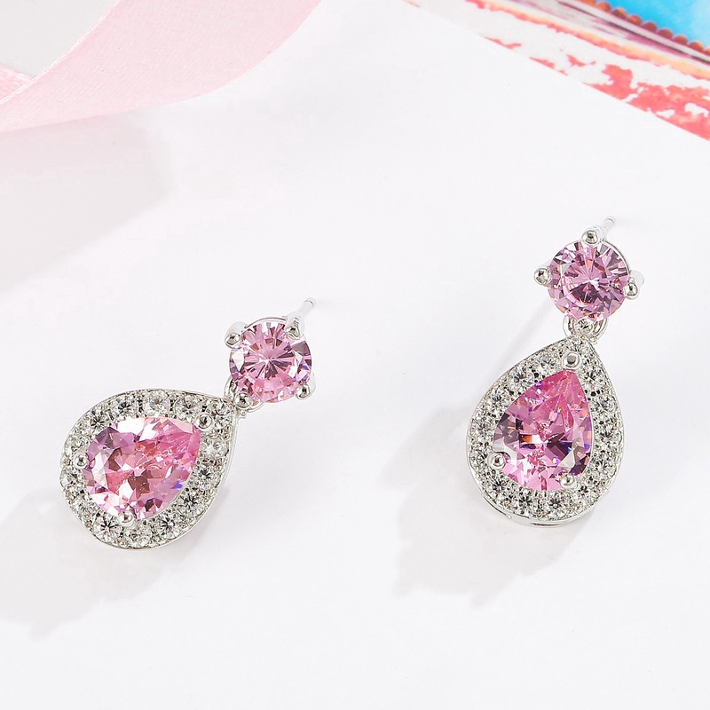 Fashion Diamond Stud Anting-Anting Merah Muda Kristal Telinga Perhiasan